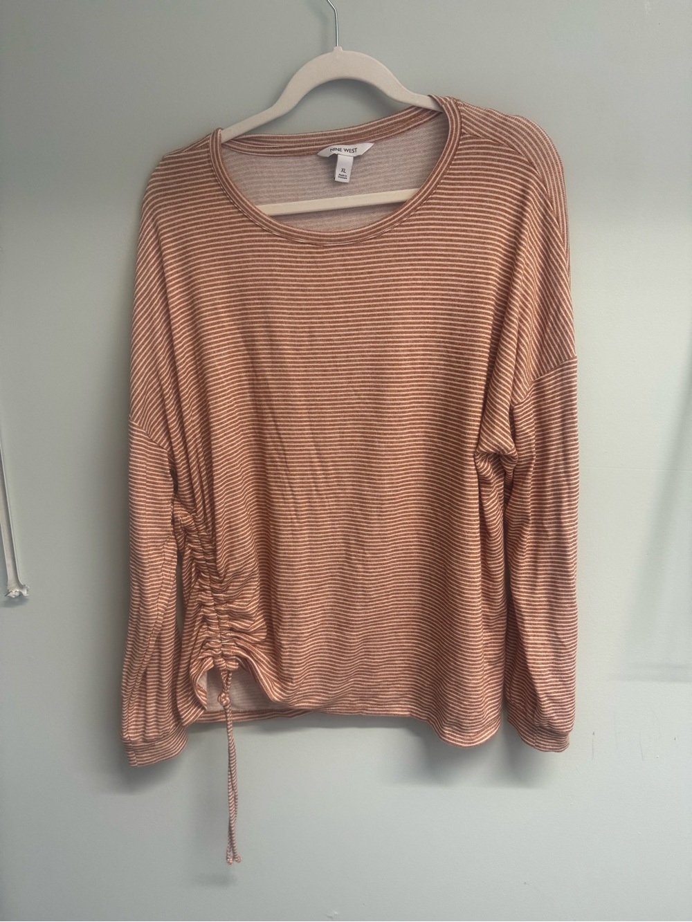 Nine West Peach Striped Long Sleeve Side-Ruched Top